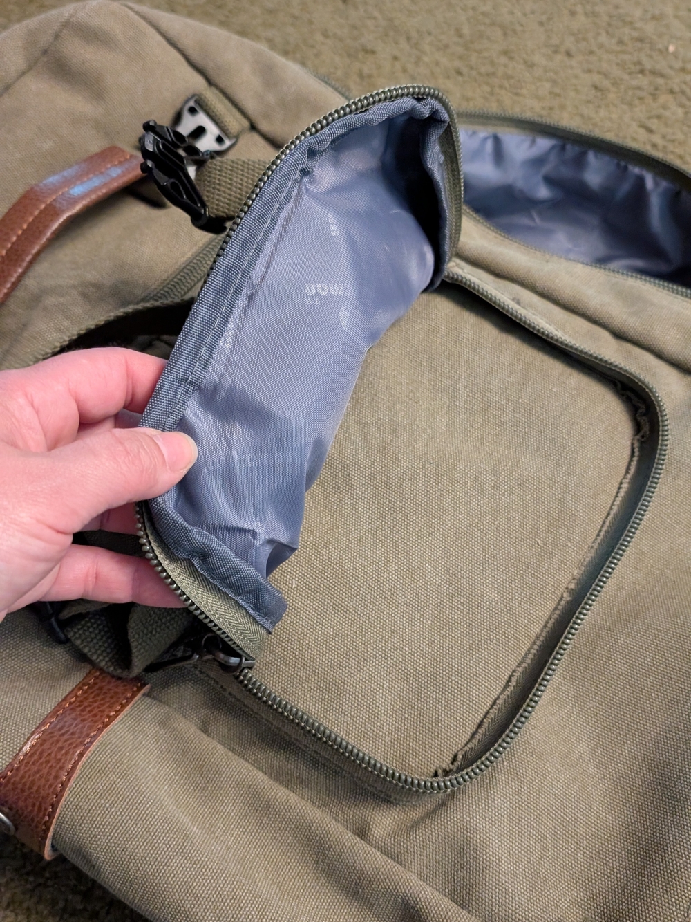 Canvas Travel Backpack in Khaki with Leather Accents - Picture 9 of 13